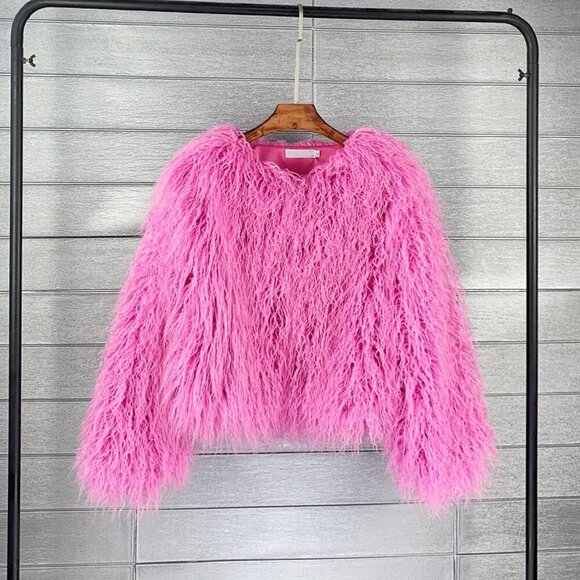 Fluffy Pink Faux Fur Coat Women’s Shaggy Jacket Long Sleeve Warm Winter Outwear - Picture 4 of 8